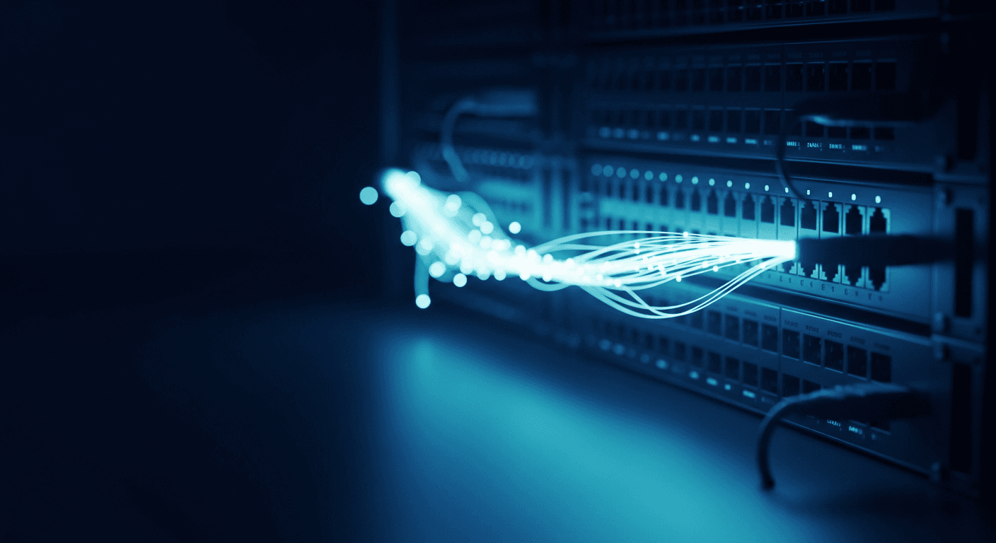 Glowing fiber-optic cable bundle bursting from a high-density data center switch